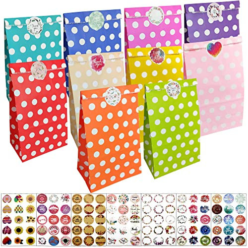 Flyoo 50 Stück Papiertüten, 24x13x8cm Bunte Papiertüten, Klein Geschenktüten mit 105 Aufkleber, Kraftpapiertüten, Sandwich Tüten Brottüten, zum Verpacken von Geschenken, Giveaways, Kindergeburtstag