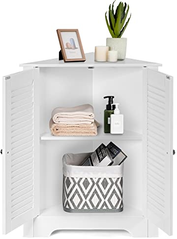 GIANTEX Eckschrank, platzsparender Badezimmerschrank mit Lamellentüren & 3-stufig verstellbaren Ablagen, Mehrzweckschrank für Bad, Wohnzimmer, Küche & Eingangsbereich (Weiß, 81,5 cm)