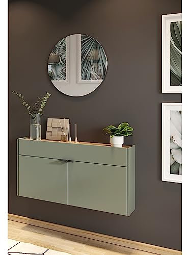 Lomadox Garderobe Flurgarderobe schmal in grün mit Eiche modern 2-teilig mit 1 Schuhschrank und 1 Spiegel