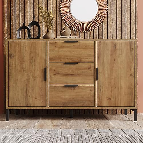 ZYLOYAL10 Kommode mit 2 Türen und 3 Schubladen, in Dunkle Eiche, Verstellbare Ablage, Sideboard Highboard für Schlafzimmer & alle Wohnräume (120 x 40 x 76 cm)