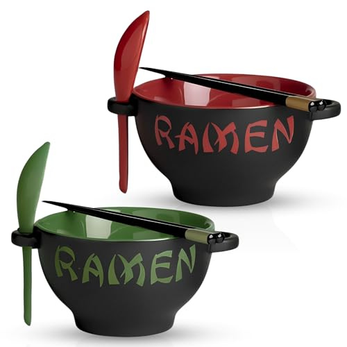 Red & Green Ceramic Ramen Bowl Set with Chopsticks and Spoon - Set of 2 Microwavable Kitchen Noodle Bowl for Instant Noodles, Pho, Udon Noodles, Miso Soup - Japanese Ramen Bowls Ceramic Gifts (21 oz)