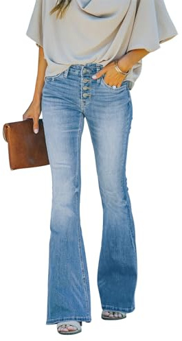 KUNMI Jean évasé évasé pour femme - Taille haute - Jambe large - Pantalon en jean extensible, Bb006-Bleu clair, 46