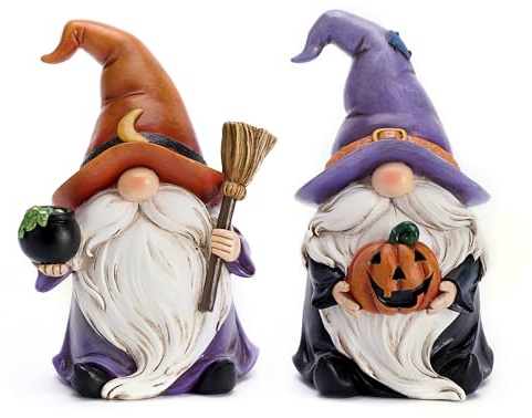 Valery Madelyn Gnomes Halloween Decorations Indoor, 2 Pcs Resin Gnome Decor for Home with Witch Hat Broom Jack O Lantern Moon, Halloween Figurines Elf Dwarf for Table Tiered Tray Outdoor, 6.3