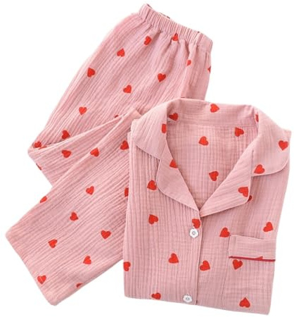 Revers pyjamasset för kvinnor, persika hjärta mönster, twosie pyjamasset, avslappnad bomull, långärmad, toppar, byxor, mjuka nattkläder, loungewear, vår, höst, vinter, rosa, L
