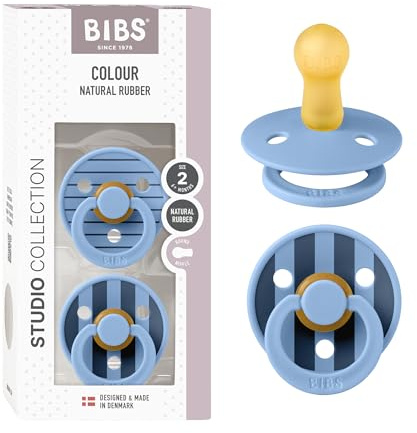 BIBS Colour Studio Schnuller 2er-Pack, BPA-frei, Kirschform Nippel. Naturkautschuk/Latex, Hergestellt in Dänemark, Größe 2 (6-18 Monate), Pin Sky Blue