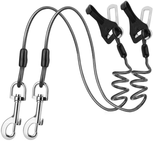 Dog Seat Belt for Car, Chew Proof Dog Leash 2 in 1 Steel Cable with Elastic Bungee Buffer Doggie Seatbelt Harness Latch Bar Attachment Heavy Duty Seat Belt for Dogs in Car for Medium Large
