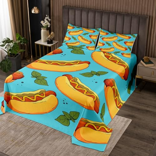 Manfei Juego de colcha de comida rápida, tamaño King, diseño de perro caliente de dibujos animados americanos Hamburgo, para niños, niñas y adultos, colcha acolchada abstracta creativa con 2 fundas de