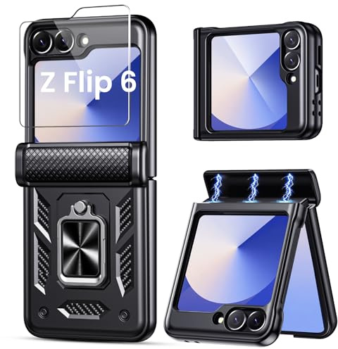 Lanhiem Armor Funda para Samsung Galaxy Z Flip 7 FE, para Samsung Galaxy Z Flip 6/5 con Protector de Pantalla y Protección de Bisagra, Soporte Magnetica Carcasa, Resistente Antigolpes Case, Negro