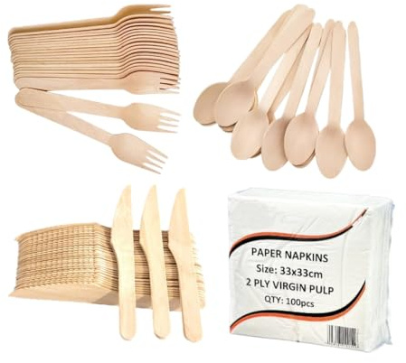 100 x Disposable Wooden Cutlery Set + 100 x Paper Napkins (33 x 33cm) Biodegradable & Plastic Free Eco Friendly