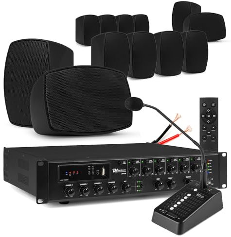 12x PD BHW60BK 6.5 Wall Speaker System - Weatherproof, Multizone Amp, Paging Desktop Microphone, 6-Zone Wall Mount Audio System for Restaurants, Offices, Retail with Bluetooth & USB MP3 Player