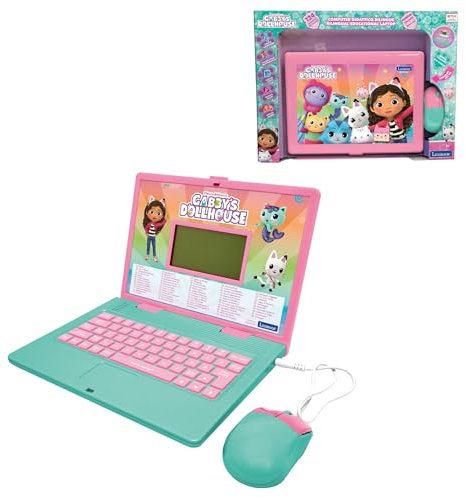 LEXIBOOK, Gabby's Dollhouse, Bilingual ENGLISH/ITALIAN Educational computer, Toy for children with 124 language, writing, maths, logic, music activities and games, Pink/blue, JC598GDHi5