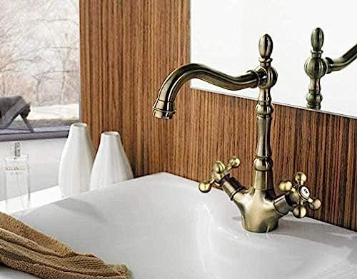 ROMOER Wasserhahn, Retro-Stil, Doppelgriff, Küchenarmatur, Wasserhahn, Antikes Messing, Warm- Und Kaltwasserhahn, 360 Grad Drehbar