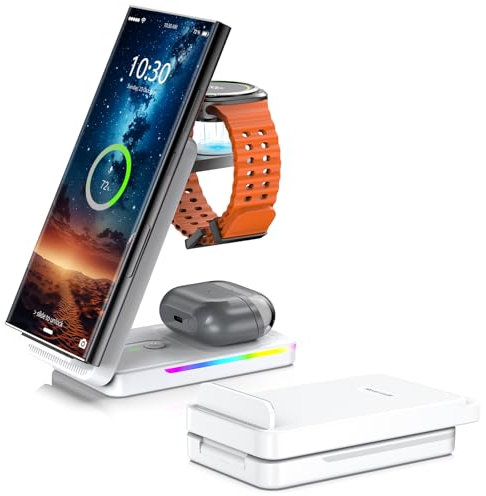 Induktive Ladestation für Samsung, NeotrixQI Faltbares Reisen Wireless Charger für Galaxy S25 Ultra/S24/Z Fold 6/Flip 6, Galaxy Watch Ladestation für Galaxy Watch Ultra/8/7/6, Galaxy Buds (Weiß)