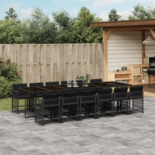 Somanki 13-TLG. Garten-Essgruppe mit Kissen Schwarz Poly Rattan, Esstisch Mit Stühlen Set, Gartenmöbel Sitzgruppe, Balkon Möbel, Gartenlounge Set, Terrassenmöbel, Balkonmöbel Set - 3211663