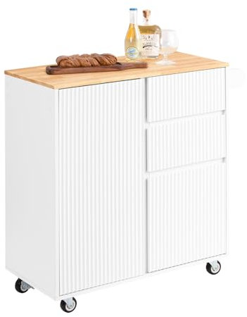 SoBuy Design küchenwagen mit Rollen Kücheninsel mit Arbeitsplatte und Gewürzregal Rollwagen Sideboard auf Rollen Küchentrolley Für Küche, Wohnzimmer, Esszimmer Weiß BHT ca. 105x92x46cm FKW126-WN