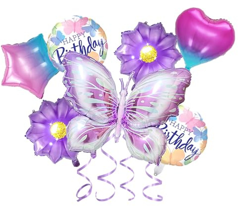 Schmetterling Folienballon, Schmetterling Deko Geburtstag Luftballons, 7 Stück Schmetterlingsballons, Happy Birthday Stern Blumen Luftballons, für Baby ShowerMädchen Geburtstag Deko