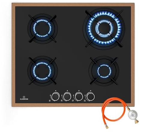 Klarstein Lumiflame Gaskochfeld, 4-Brenner, 8 kW, Kupferrahmen & Glas, Elektrische Zündung, FFD-Sicherheit, Gusseiserne Topfträger, 60 cm, LPG & Erdgas-kompatibel