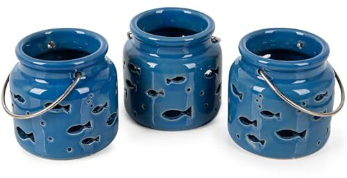 Logbuch-Verlag Lot de 3 photophores maritimes bleus avec poissons - Décoration de table pour baptême, communion, confirmation - 8 cm