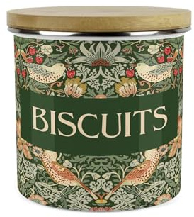 Purely Home Green Strawberry Thief Small Biscuits Storage Canister - Morris Inspired Floral Tapestry Artwork - 1.2L Enamel Hot Drinks/Food Kitchen Storage Container