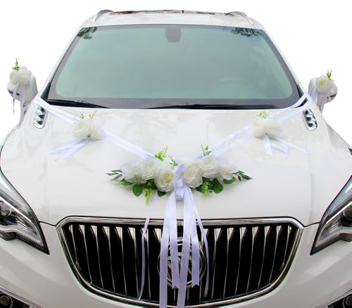 XPJBKC Autoschmuck Hochzeit Motorhaube, Auto Deko Hochzeit mit Autoschleifen, Auto Hochzeitsschmuck, Künstliche Rosenautodekoration mit Schleifenband