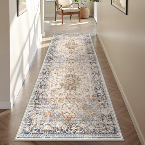 PureCozy Teppich Läufer Flur 60x180cm Waschbar Vintage KüChenläUfer Schlafzimmer Wohnzimmer Teppiche Kurzflor Weich rutschfest Bettvorleger Teppichläufer Esszimmer Carpet (Blau-Orange)