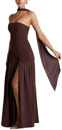 ORANDESIGNE Vestido Largo Verano Mujer Vestido sin Mangas Novia Boda Invitada Vestidos de Fiesta Elegantes con Abertura y Bufanda A Marrón XS