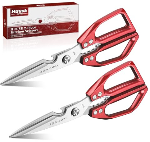 Huusk Kitchen Scissors Set Red - Japanese Kitchen Shears, Heavy Duty Poultry Shears, Sharp Meat Scissors for Food, Chicken Bones, and Turkey, Christmas Gifts for Women Men