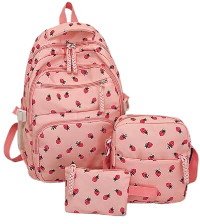 Jordgubbsryggsäck - canvasväska, hållbar skola, lätt resor, elegant transport med vackert dekorativt mönster | canvas för pojkar och flickor, studenter, dagis, dagliga resor, full, Rosa,