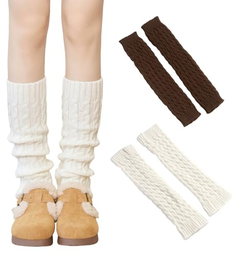 FangBoJie Stulpen Damen Leg Warmers Beinwärmer Frauen Mädchen Winter Beinstulpen Damen Stricken Legwarmers Knie Hoch Stulpen Trachtenstulpen Set Strick für Winterwärmer (2, Weiß,Kaffeebraun)