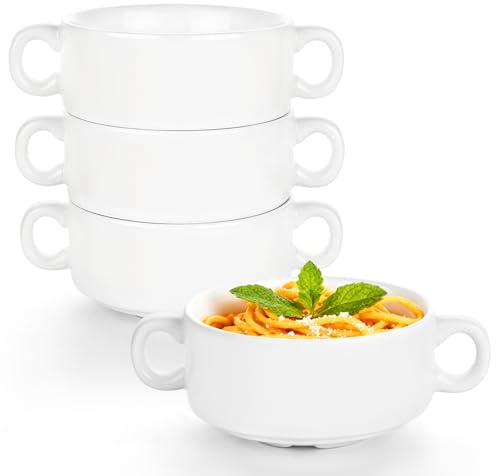 Ramekins Set of 4,Soup Bowls with Double Handle,Porcelain White Serving Bowl,Small Pie Dishes for Creme Brulee,Pasta,Pie,Soup, Oven Safe,9OZ