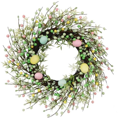 BINFEN 20 Easter Wreath – Pink, Green Yellow Berry & Egg Wreaths for Front Door, Spring Easter Wreath Door Decor Outdoor Indoor