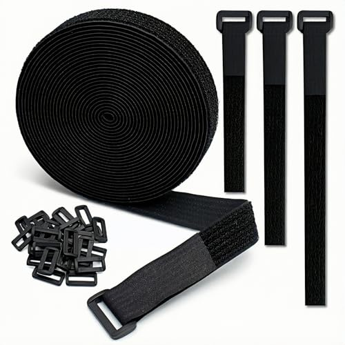 Satiskid 10m x 2cm Adjustable Cable Straps with 50 Buckles, Black Reusable Self-Adhesive Hook and Loop Straps for Wire Management, Cord Organizer, Free Cut Length