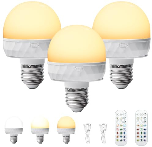 Pack 3 bombillas recargables con mando a distancia, bombillas LED de color regulable E27 con mando a distancia e imán, lámparas recargables USB, bombilla para iluminación de emergencia, camping, luz