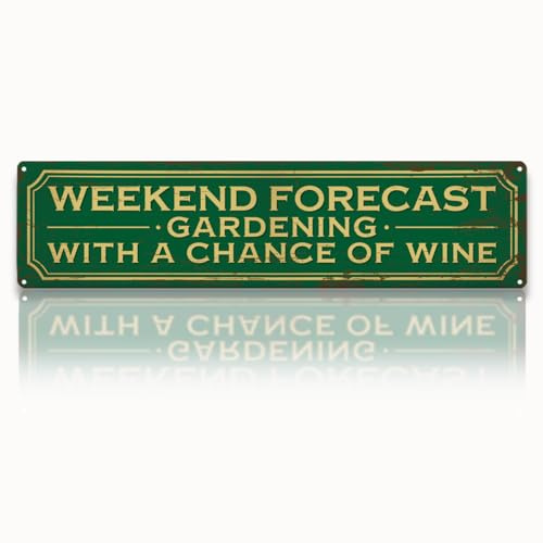 Garden Metal Tin Sign, Rustic Farmhouse Decor, Weekend Forecast Gardening, Vintage Wall Art for Yard Fence Door Porch, Funny Indoor Outdoor Garden Decoration, 15.7 x 3.9 Inches