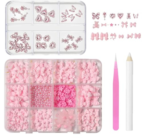 700+ Pcs Pink Nail Art Charms Kit, 3D Heart Butterfly Bow Pearl Rhinestones & Gems with Wax Picker Pen and Tweezers for DIY Nails, Crafts, Clothes, Phone Cases, Resin Art