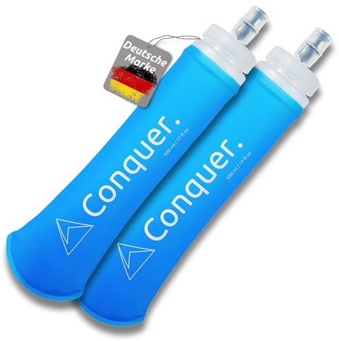 Conquer. 2x Faltbare Trinkflasche 500ml – Ultraleichte Laufflaschen mit Bissventil | Flexible Trinkflaschen für Laufweste, Trailrunning & Marathon