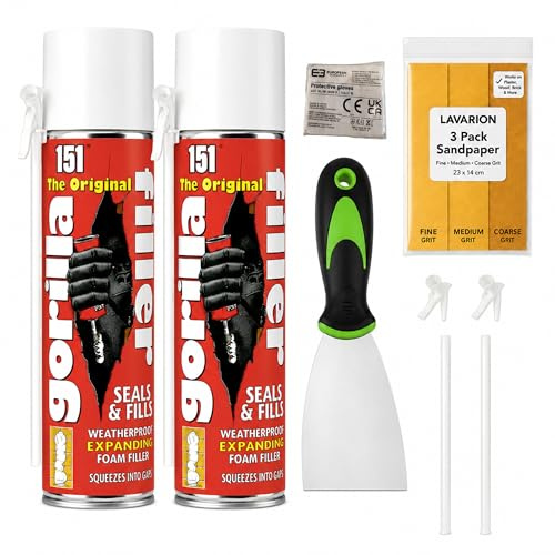 Expanding Foam Filler Kit – 2 x Gorilla Weatherproof Expanding Foam Filler 500ml with Lavarion Flexible Scraper, 3 Grit Sandpaper, Gloves and Replacement Nozzles – Spray Foam Gap Filler for Cracks