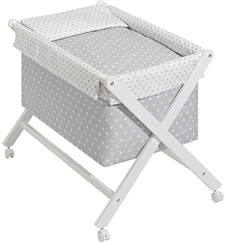 Minicuna de Tijera Plegable Completa Estrellas Gris. Incluye: Estructura + Vestidura + Colcha Desenfundable + Colchón + Almohada.