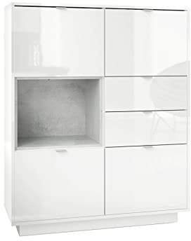 Vladon Highboard Sideboard Metro, Made in Germany, Korpus in Weiß Hochglanz/Fronten in Weiß Hochglanz mit Einsatz in Beton Oxid Optik