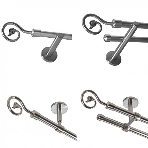 Gardinenstange mit Edelstahlrohr V2A 16mm Wandträger Deckenträger 1-läufig oder 2-läufig wählbar Modern Blatt E20 von Basit®, Design/Länge:H20E17 180cm zweiläufig