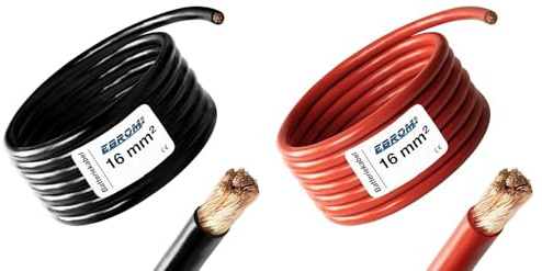 EBROM Batteriekabel ROT (+) SCHWARZ (-) Paar, 16 mm2, Wahl: 2 Meter 16 mm² | Ab 1 m bis 50 m, PLUSKABEL und MASSEKABEL als Kombi 2,5 / 4 / 6 / 10 / 16 / 25 / 35 / 50 oder 70 mm² wählbar 99,9% OFC Kupfer