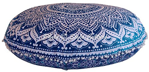 Stylo Culture Indisch Dekorativ Rund Bodensitzkissen 80 x 80 cm Groß Meditationskissen Mandala Blau Boho Pom Pom Spitze Sofa Sitzkissen Baumwolle Ombre Rundkissen Hülle