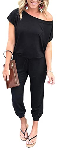 PRETTYGARDEN Jumpsuits for Women 2026 Summer Dressy Off Shoulder Romper Spring Vacation Travel Lounge Outfits Clothes (Black,Medium)