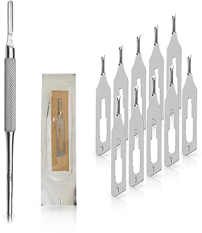 May Set: 10 Hohlmeißelklingen Fig. 1 & Halter massiv | 10x sterile Hohlmeißelklingen Fig. 1 aus Karbonstahl inkl. robustem Skalpellhalter Edelstahl