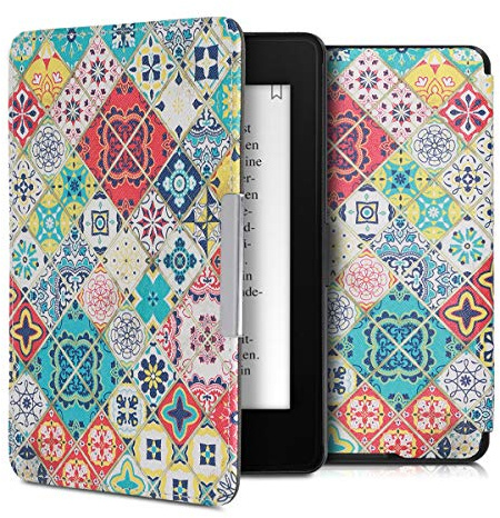 kwmobile Schutzhülle für Amazon Kindle Paperwhite Hülle - eReader Flip Case mit Auto Sleep Funktion - Marokkanische Fliesen bunt mit Blau Rot Hellbraun