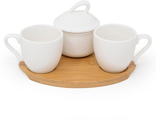 NAMAI - Set di 2 Tazzine Da Caffe, 1 Zuccheriera e 1 Vassoio in Bamboo, New Bone China, Adatte in Lavastoviglie e Microonde, Idea Regalo