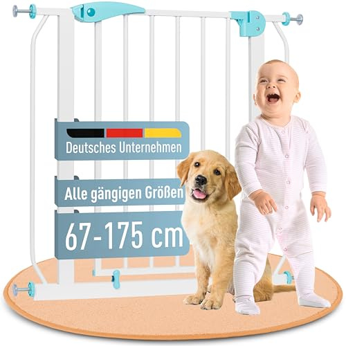 IB STYLE Türschutzgitter Berrin 120-130 cm, Treppengitter für Babys, Treppenschutzgitter ohne Bohren, Türgitter zum Klemmen, Kleinkinder Absperrung, Weiß Türkis
