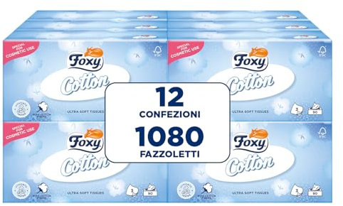 Foxy Cotton | Fazzoletti in scatola | 12 Box da 90 fazzoletti 3 veli | Carta 100% certificata FSC® | Confezione 100% riciclabile