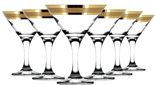 Roman Deluxe Martini Glasses Set of 6/ Round Coctail Glasses/Thick Stem/Decorated Glitter Gold Rim with Ornament/ 7oz - 200ml/ Gift Set in Box for Women or Men (Modern)