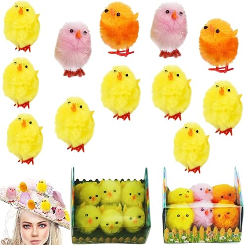 12Pcs Fluffy Easter Chicks 4cm – Mini Plush Yellow and Multicolour Chick Decorations for Easter Bonnet, Egg Hunt, Crafts, Cake Toppers and Spring Party Décor